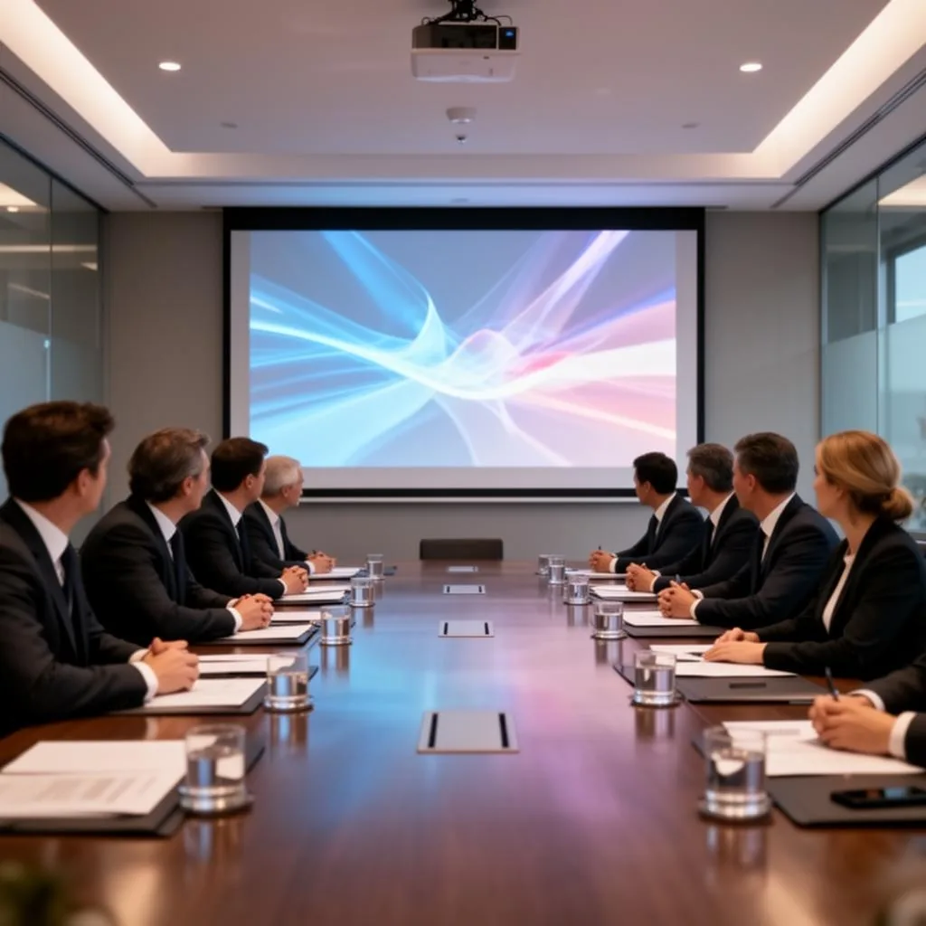 Sala executiva com projeção corporativa